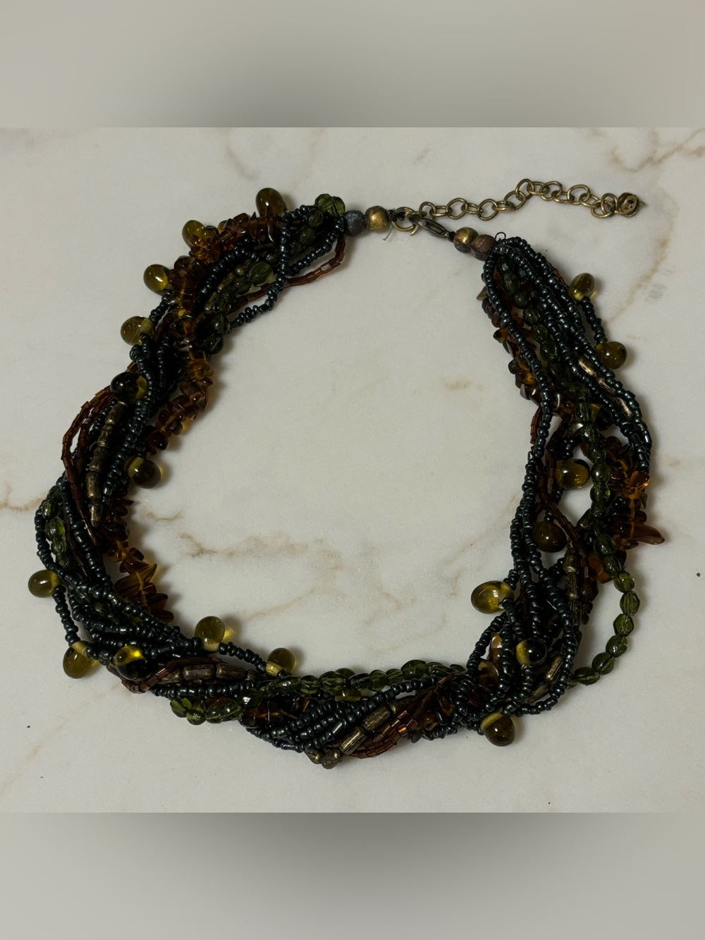 Multi-Strand Olive Green and Brown Beaded Necklace